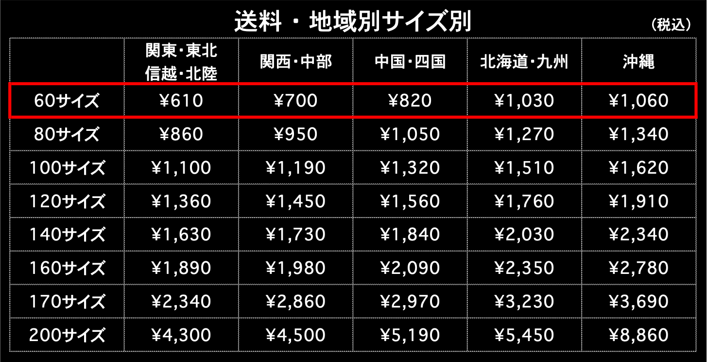 送料60サイズ 地域別 サイズ別 税込